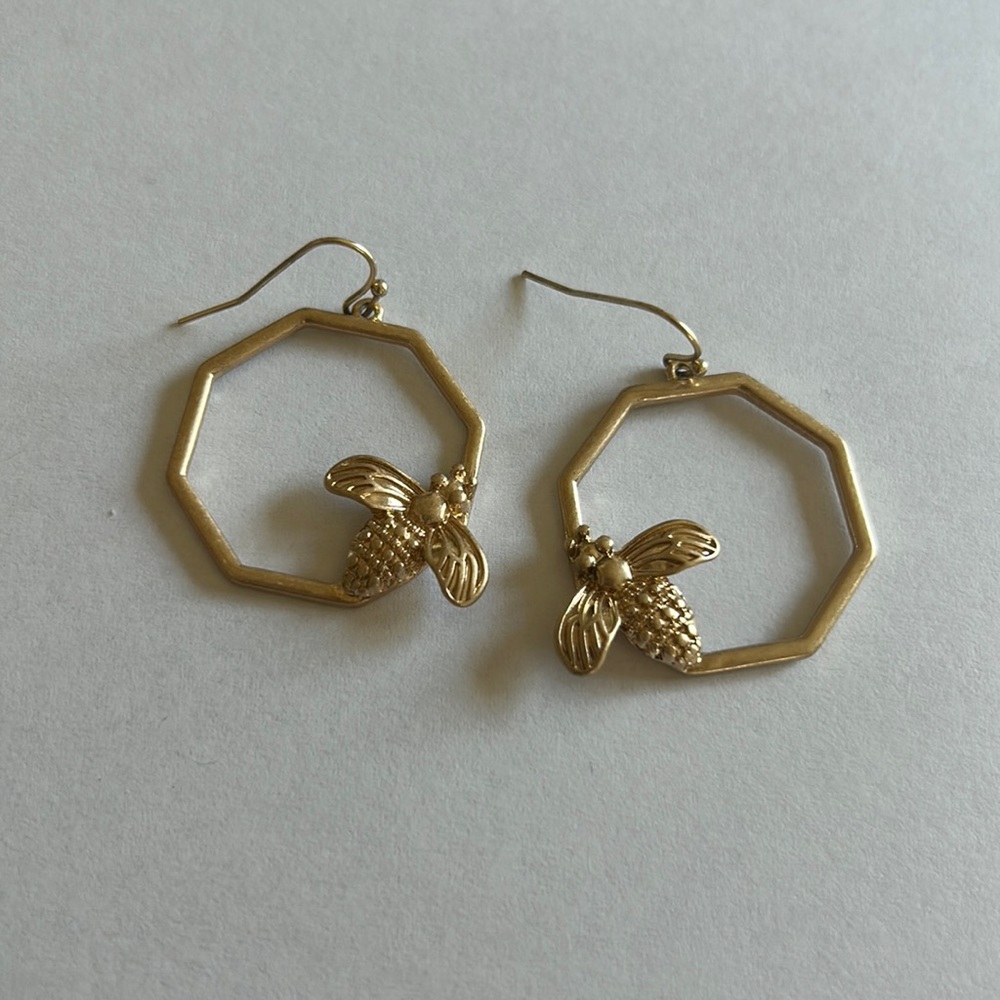 Gold, bumble bee, earrings, hoops, hexagon